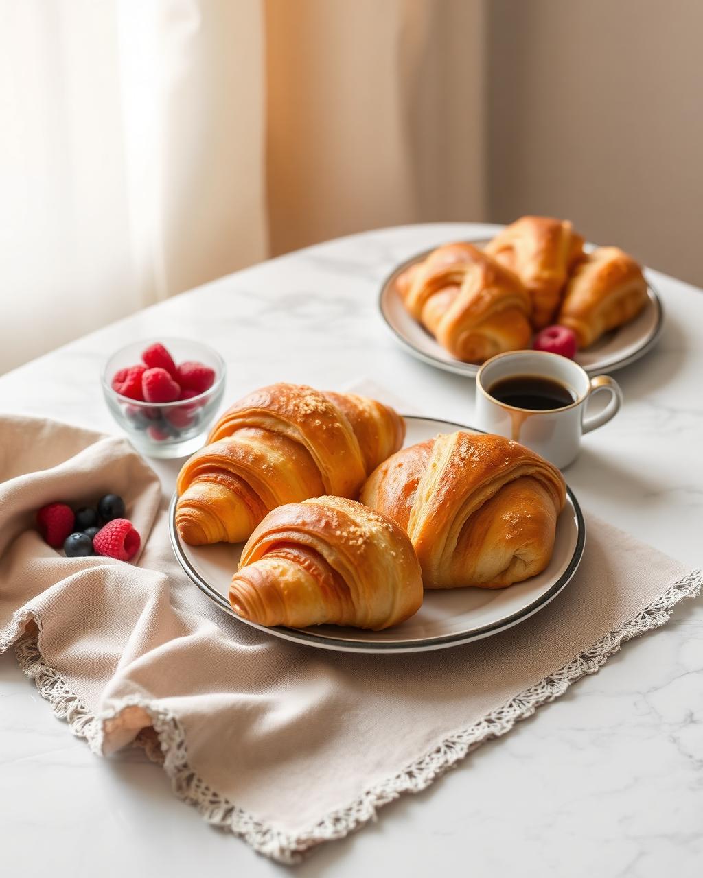 Colazione premium servita su tovaglia di lino con cornetti caldi, frutta fresca ed espresso italiano
