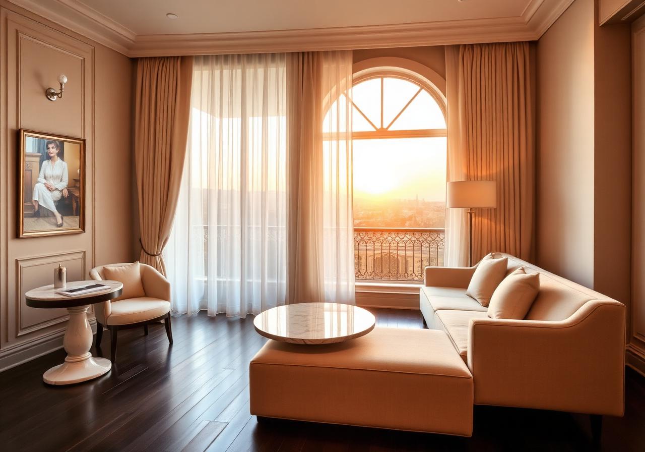 Junior Suite con zona living, divano beige, tavolino in marmo e grande finestra ad arco al tramonto