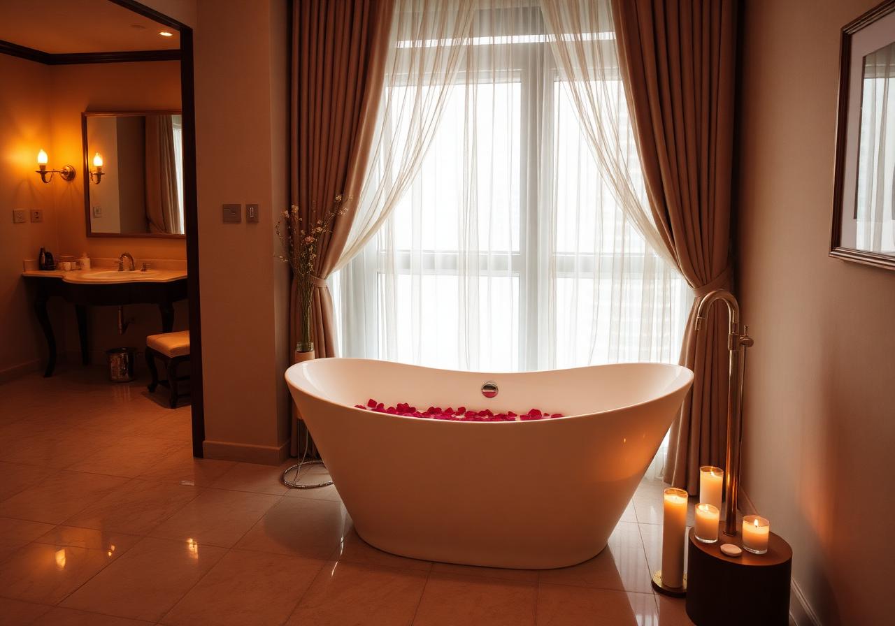 Romantic Suite con vasca freestanding, petali di rosa, candele e atmosfera intima dorata