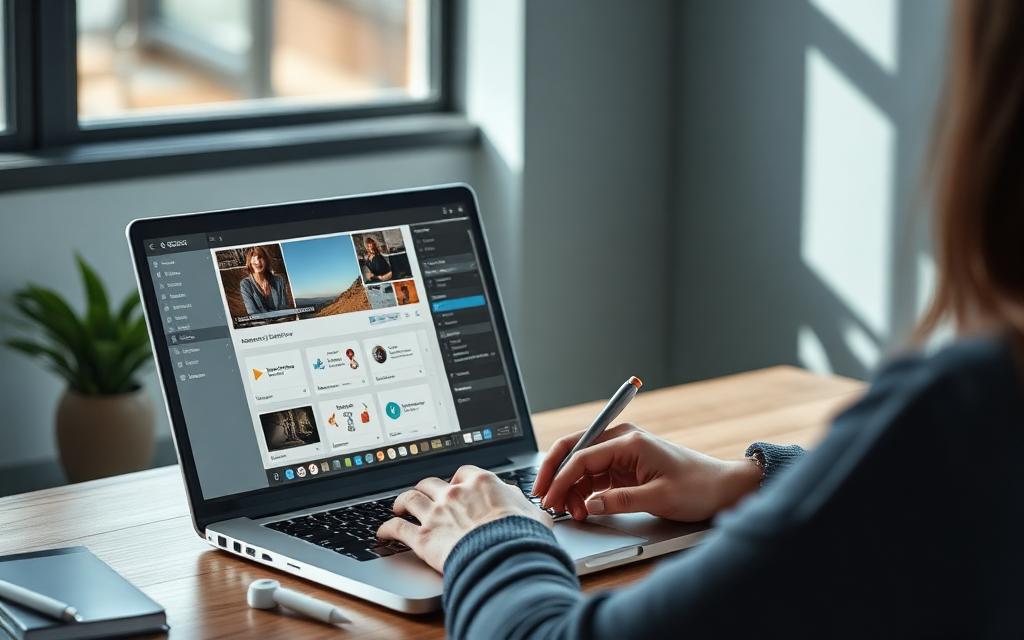 Persona che crea un sito web da sola con laptop e builder visuale WordPress