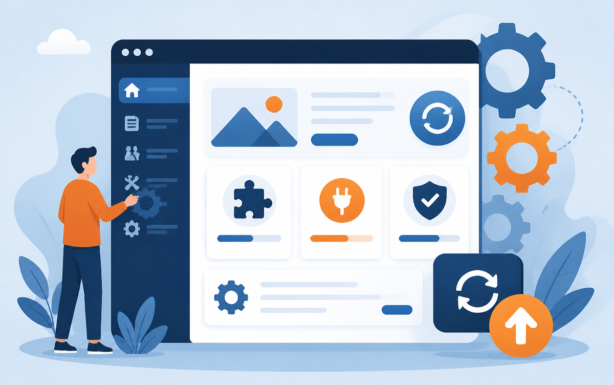 Pannello di controllo di un sito WordPress con plugin, ingranaggi e aggiornamenti