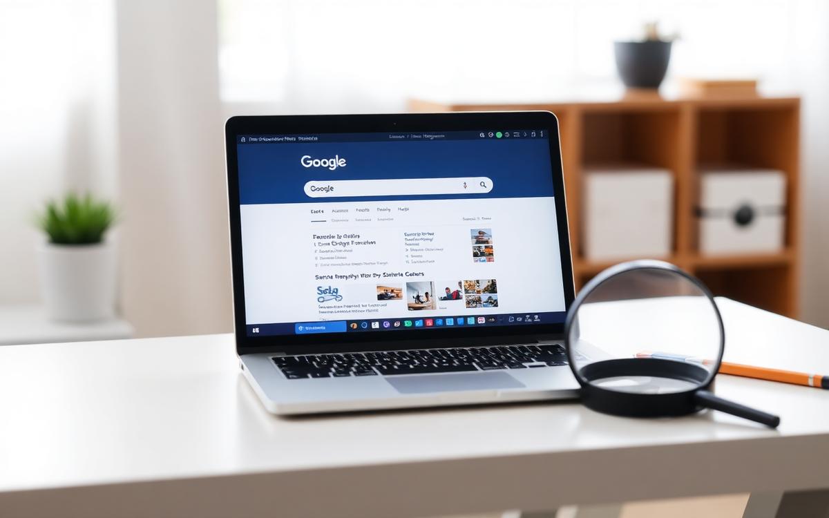 Laptop con risultati di ricerca Google e lente di ingrandimento, sito web non posizionato