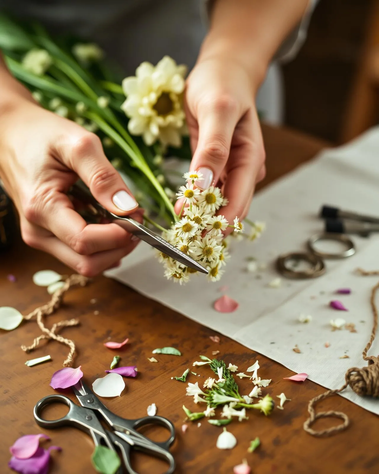 Mani di una florist compongono un bouquet artigianale con forbici e petali sul tavolo di lavoro