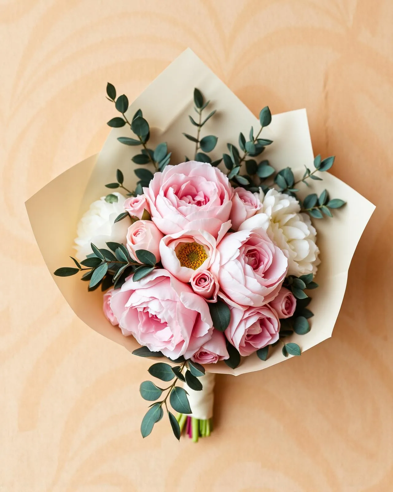 Bouquet di peonie rosa, rose e eucalipto avvolto in carta cream