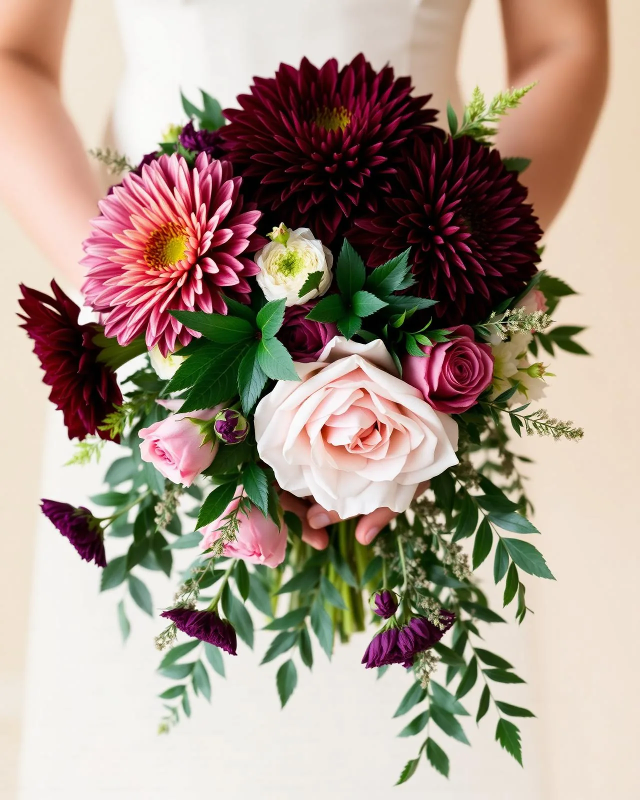 Bouquet garden-style con dahlia bordeaux, rose e foglie