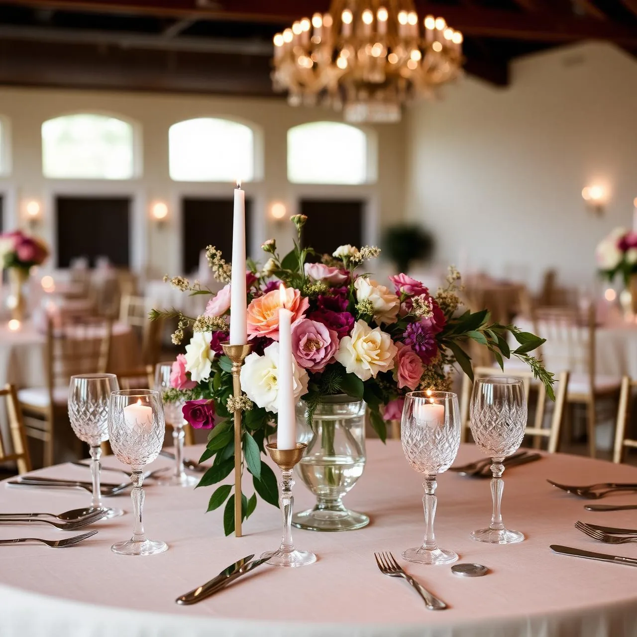 Centrotavola elegante con fiori di stagione, candele e cristalleria
