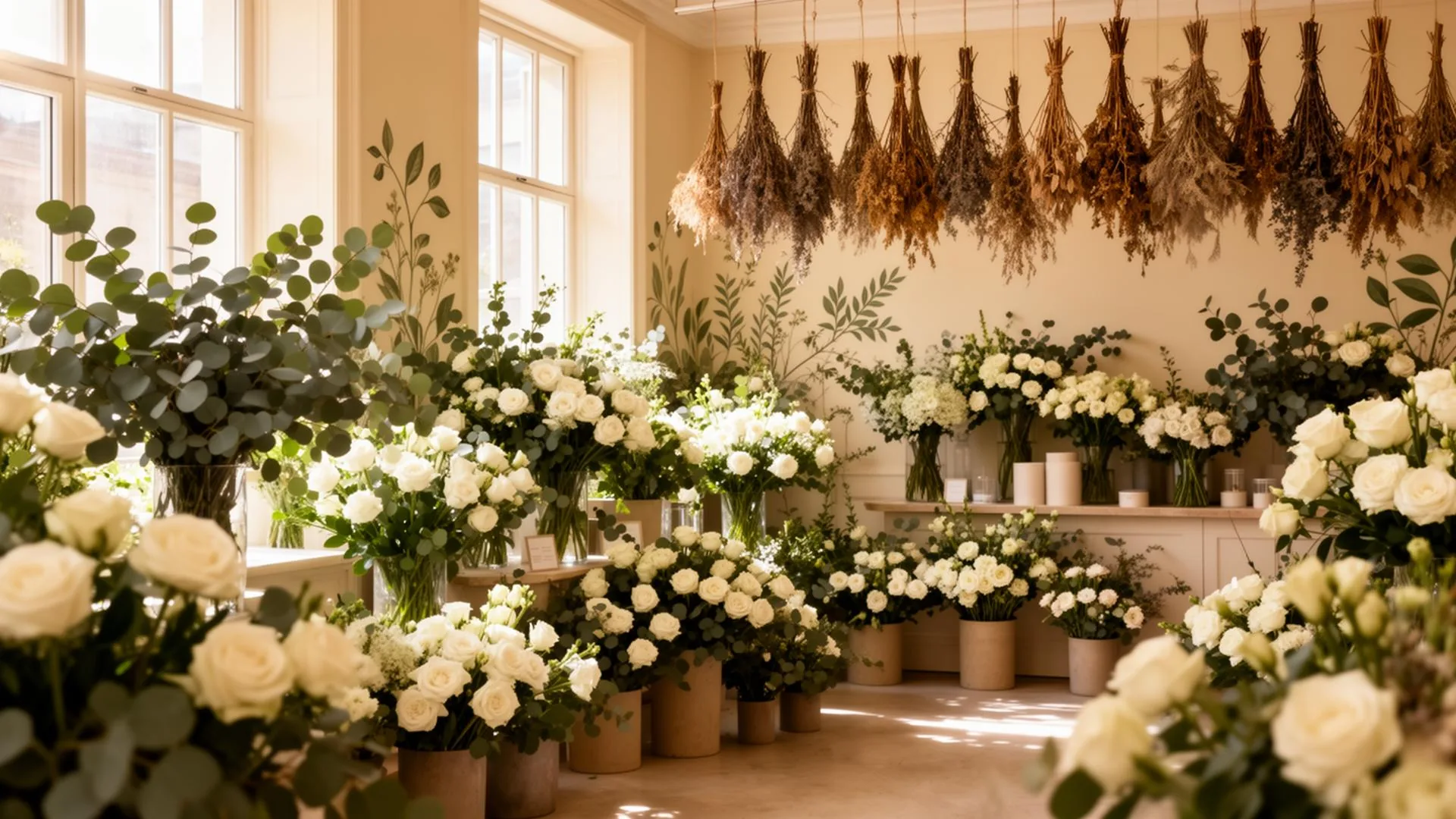 Atelier di fiori botanici premium con composizioni floreali fresche, eucalipto e botaniche essiccate — concept sito web per negozi 4 Web Lab