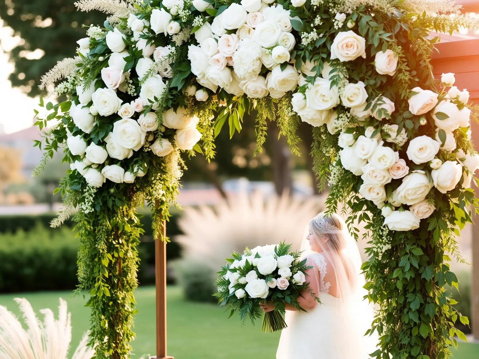 Arco floreale per matrimonio con rose bianche, peonie e verde fluente al tramonto