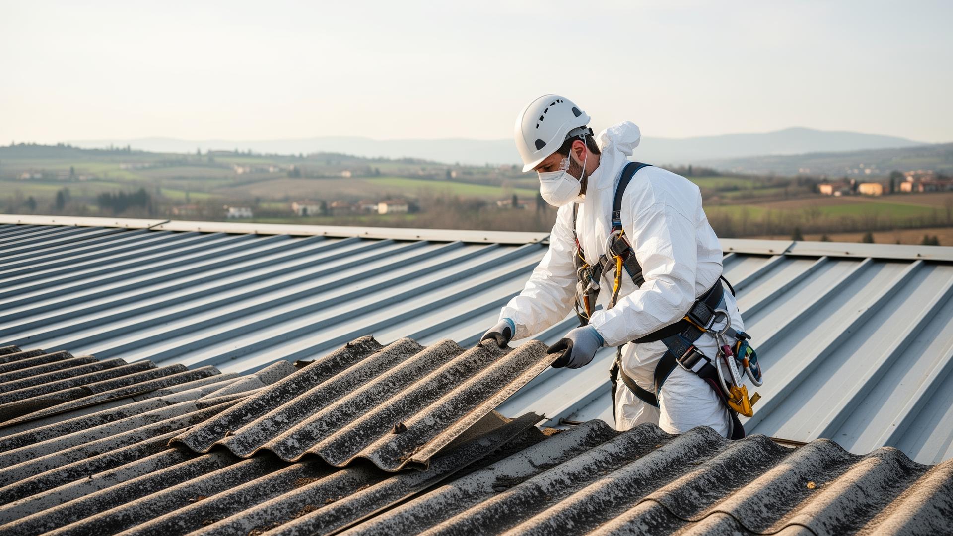 Operaio specializzato con DPI completi durante la rimozione di lastre di eternit su un tetto industriale in Veneto — caso studio R.B s.n.c. realizzato da 4 Web Lab