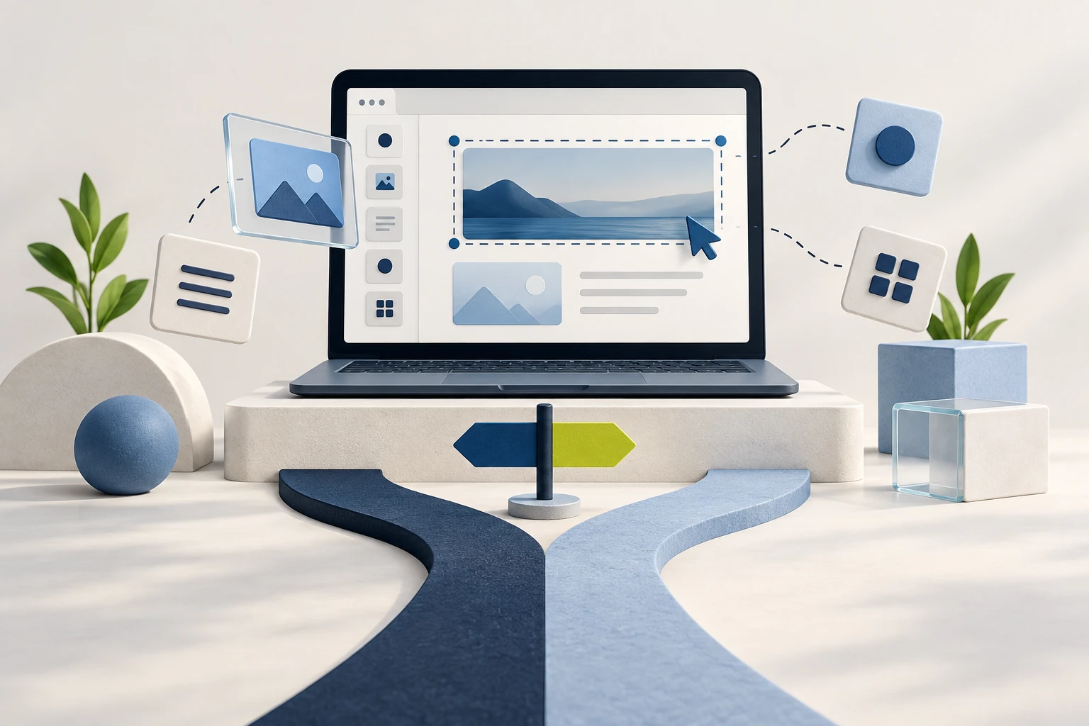 Illustrazione editoriale di un builder per siti web e di una scelta progettuale