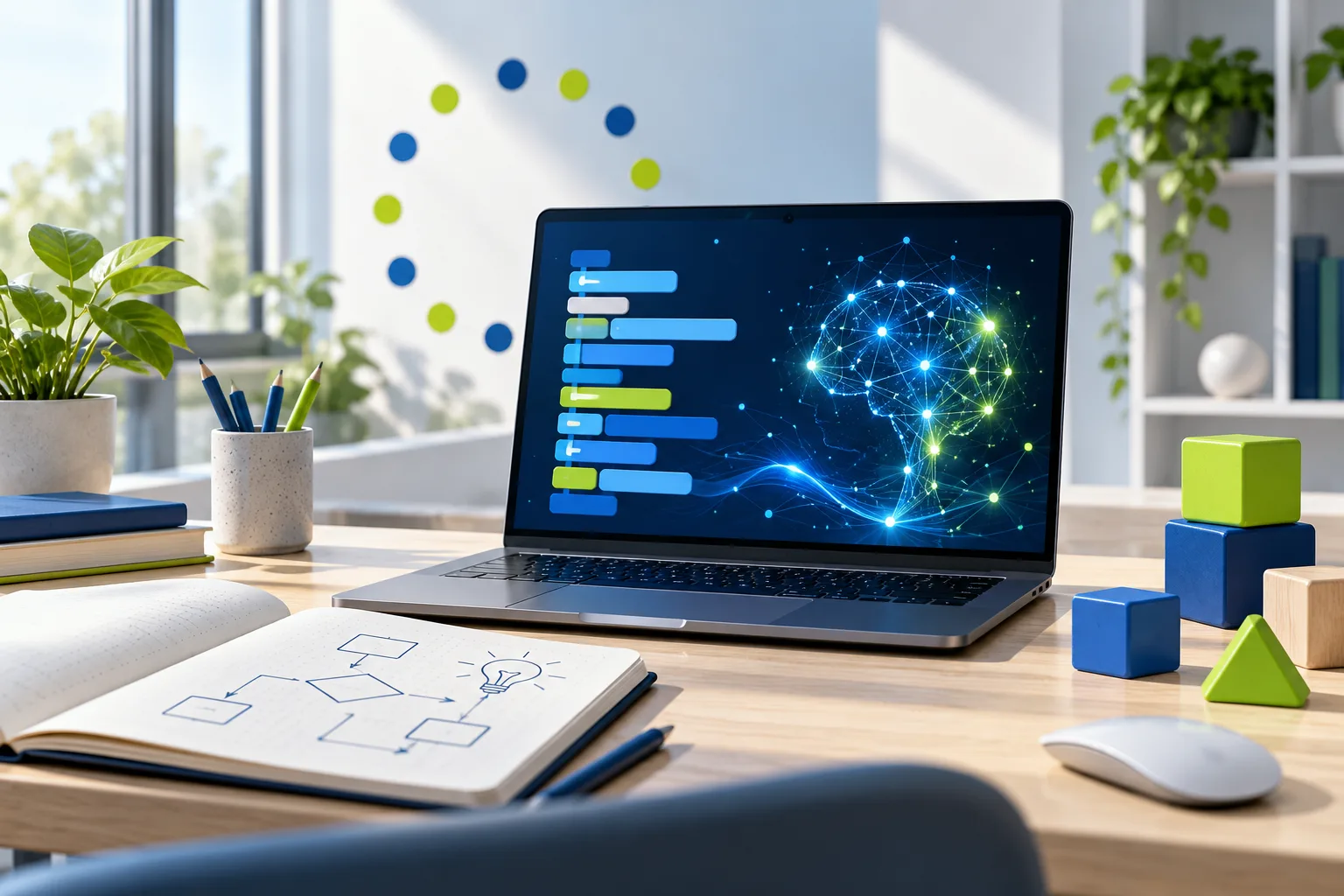 Laptop con elementi di programmazione, rete di intelligenza artificiale e taccuino con diagrammi logici