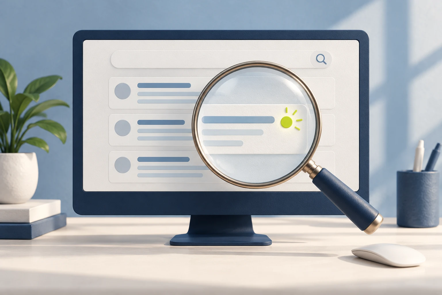 Illustrazione editoriale di una ricerca Google e della visibilità di un sito web