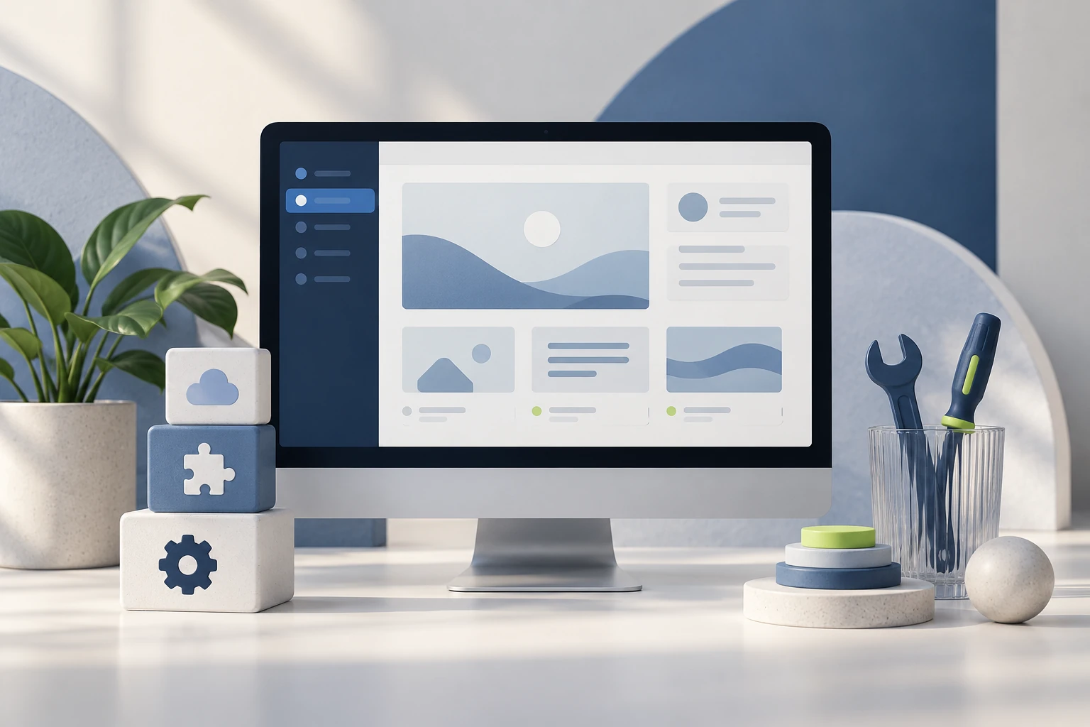 Illustrazione editoriale di un sito WordPress e degli strumenti di manutenzione