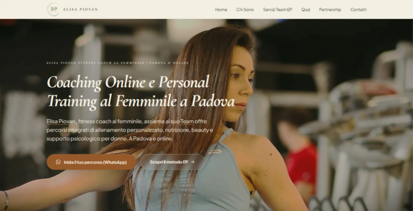 Homepage del nuovo sito di Elisa Piovan con presentazione del coaching e accesso diretto a WhatsApp