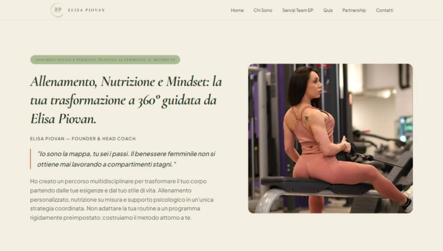 Pagina desktop dei servizi Team EP con presentazione di Elisa Piovan e fotografia in palestra