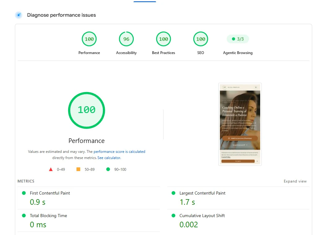Report successivo con punteggi 100 Performance, 96 Accessibilità, 100 Best Practices, 100 SEO e 3 su 3 Agentic Browsing