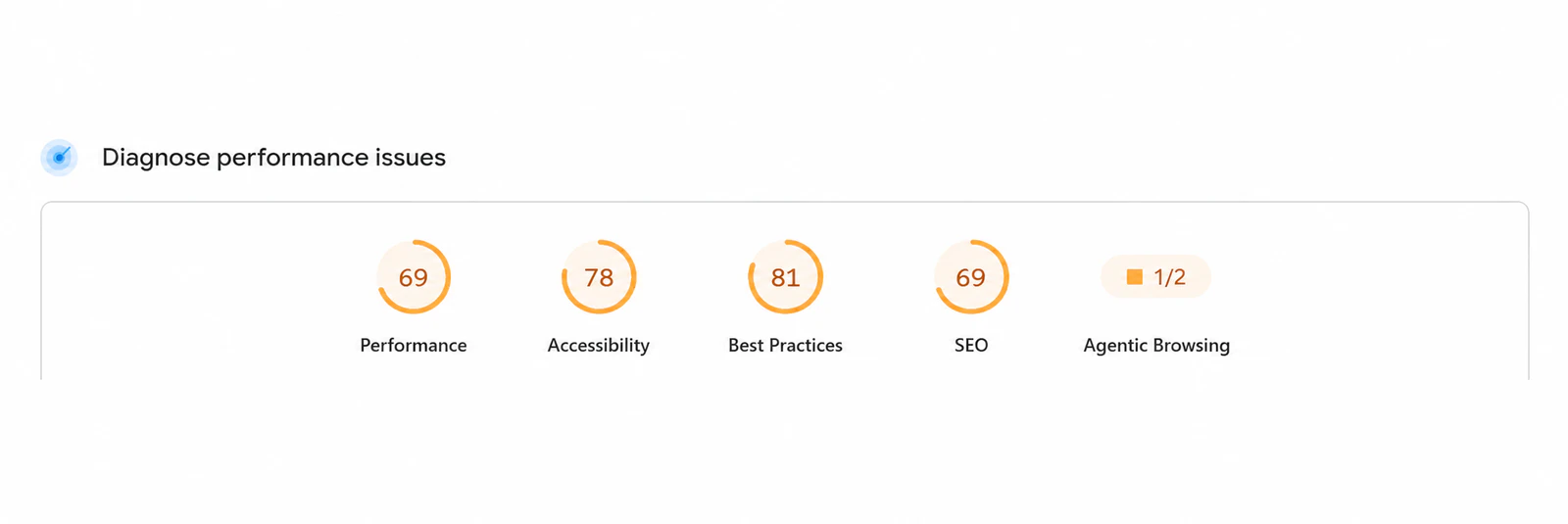 Report precedente con punteggi 69 Performance, 78 Accessibilità, 81 Best Practices, 69 SEO e 1 su 2 Agentic Browsing