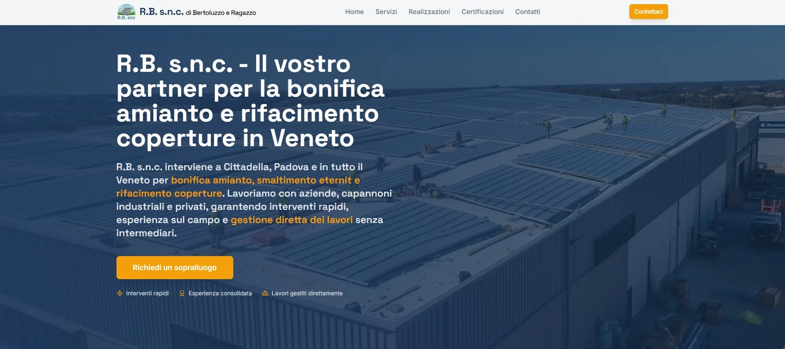 Homepage del nuovo sito R.B. s.n.c. con servizi e call to action