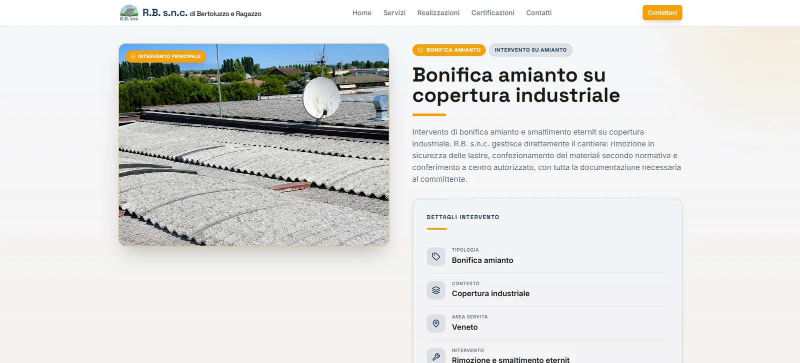 Pagina di dettaglio del nuovo sito R.B. s.n.c. dedicata a un intervento su copertura